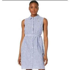 Tommy Hilfiger‎ Women's Dress 10 Blue White Striped 100% Cotton Full Buttons Tie